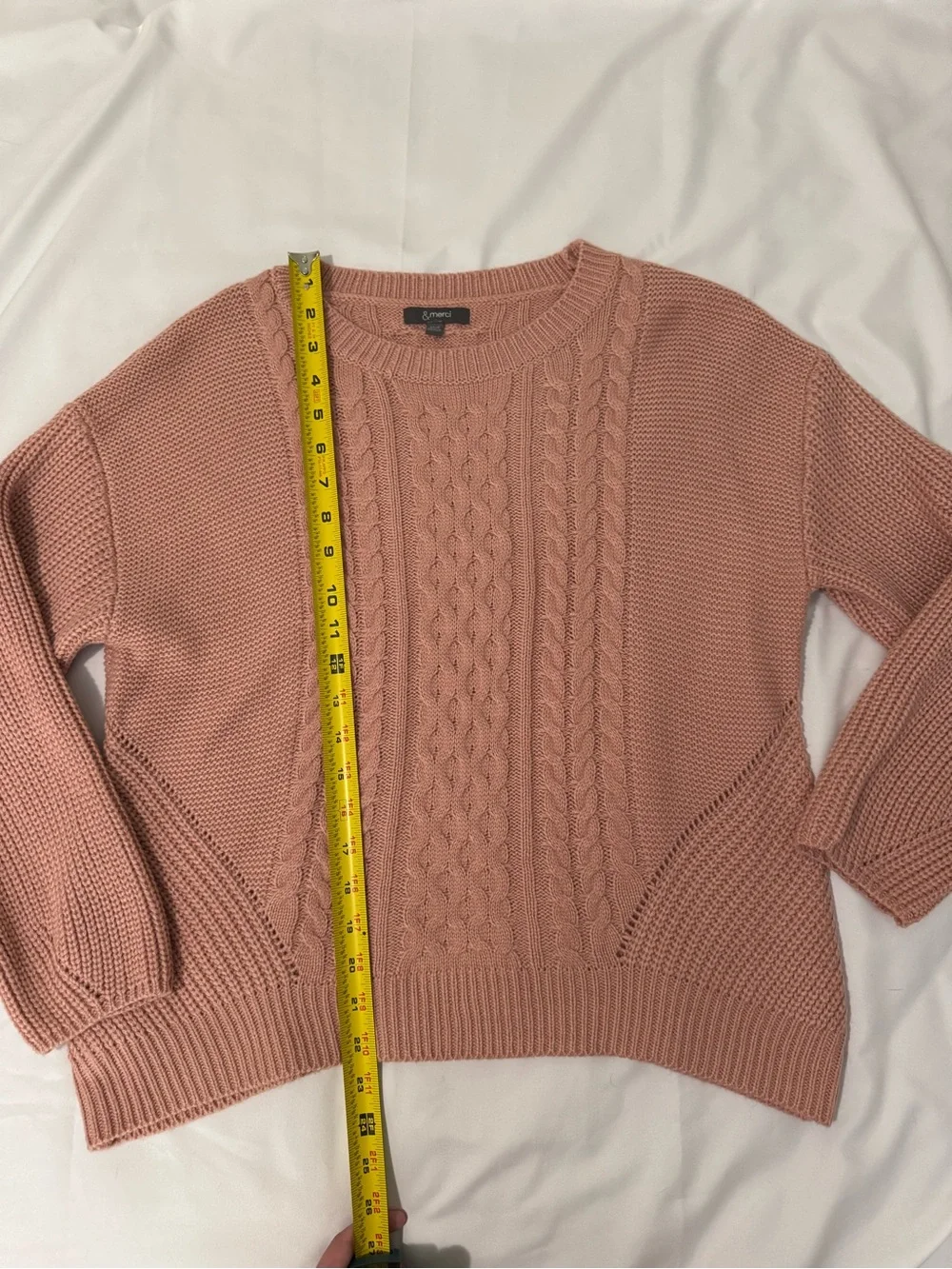&merci Women's Cable Knit Crewneck Pink Sweater, Small Medium